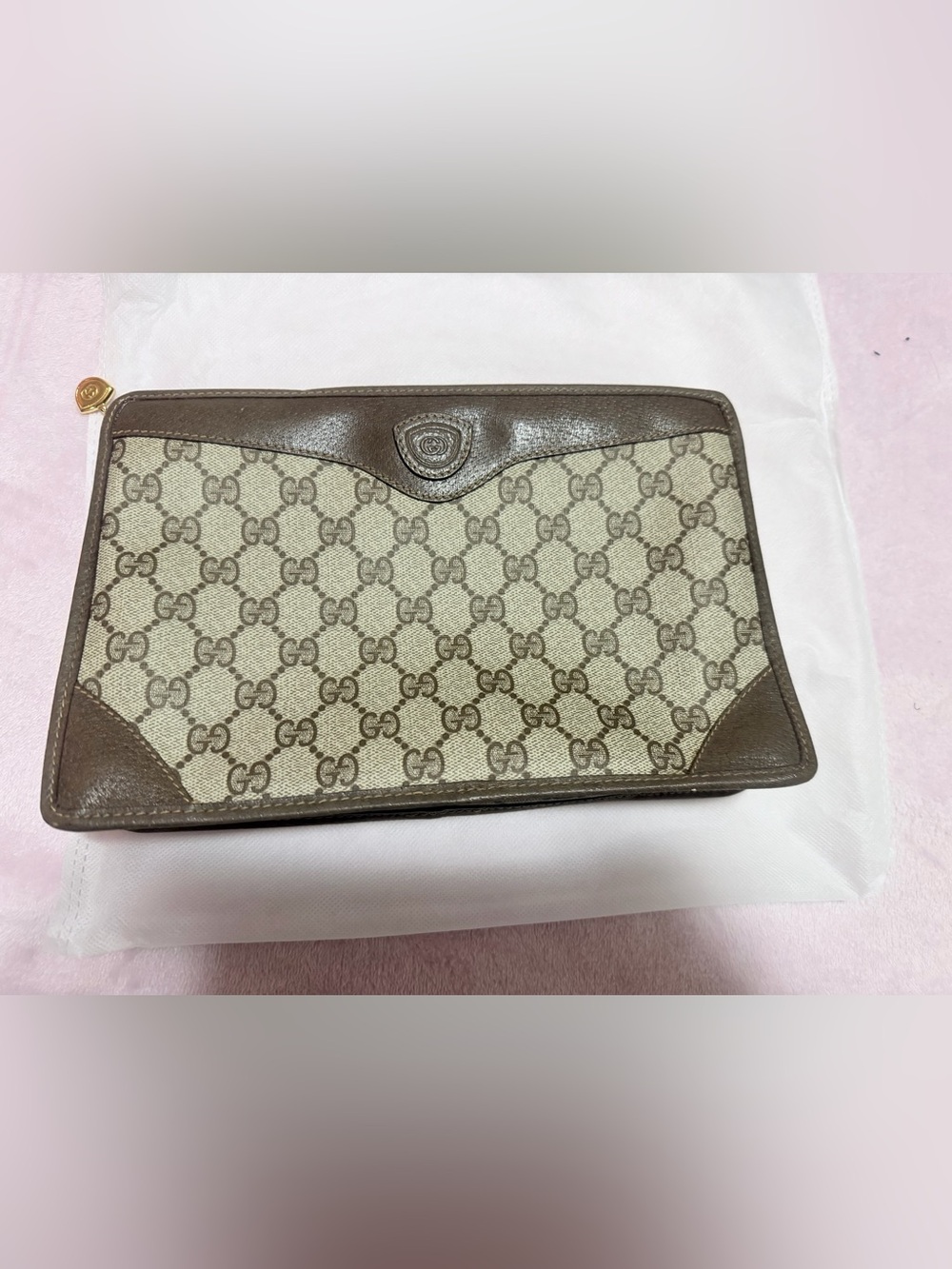 CLUTCH Gucci Gold Plaque Leather Trim in Brown and Cream